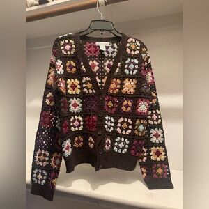 VTG Crochet DRESSBARN Floral Patchwork XL 100%Lambswool Cardigan Grandmacore